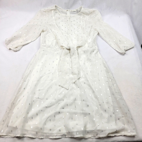 C est 1946 sheer tie waist silver design 3/4 sleeve dress - Picture 1 of 6